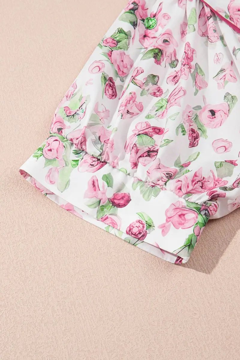 Pink Floral Split Neck Short Sleeve Loose Plus Size Mini Dress - Love Salve